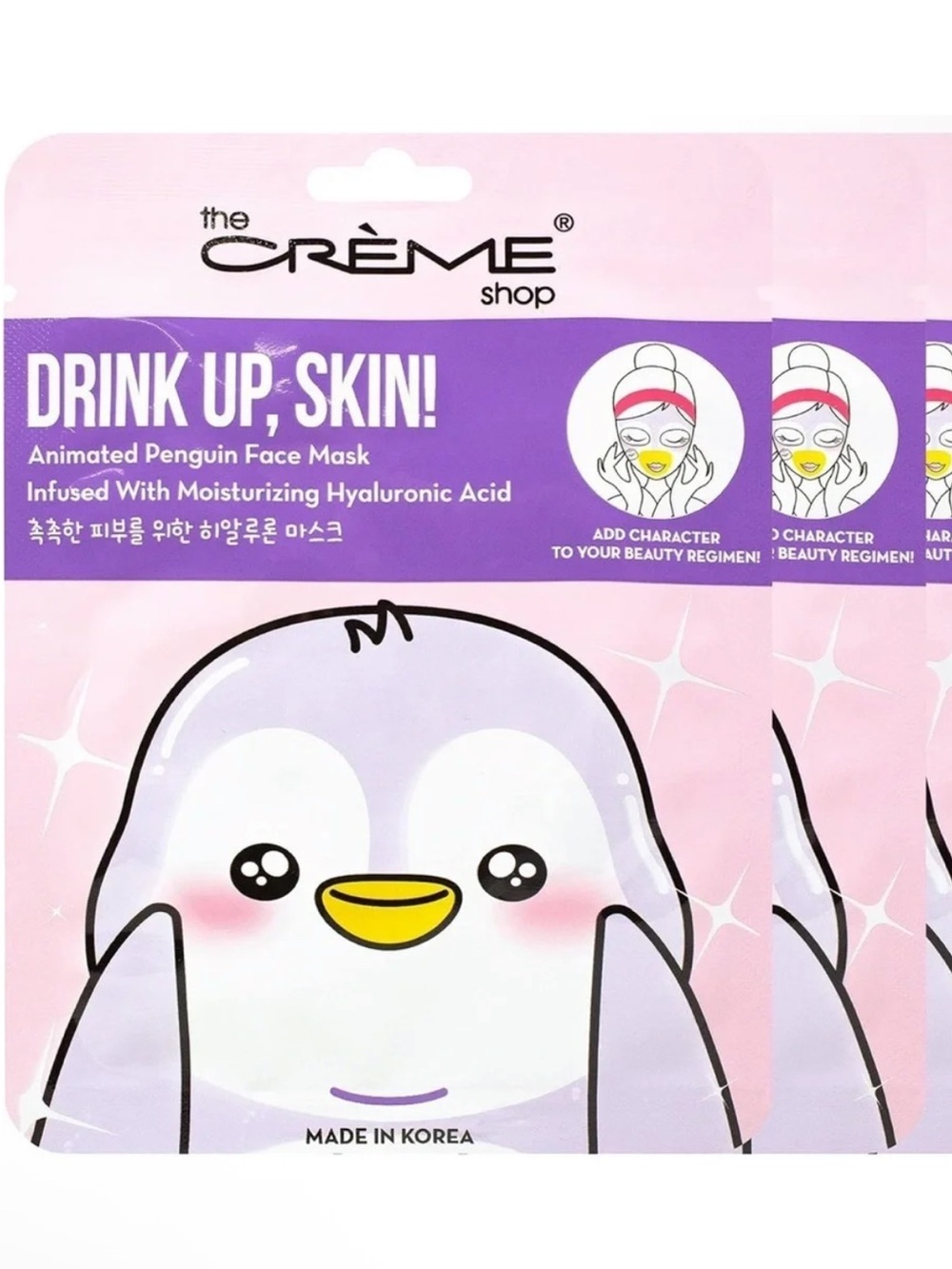 NWT The Crème Shop Drink Up, Skin! Animated Penguin Hyaluronic Acid Face Mask